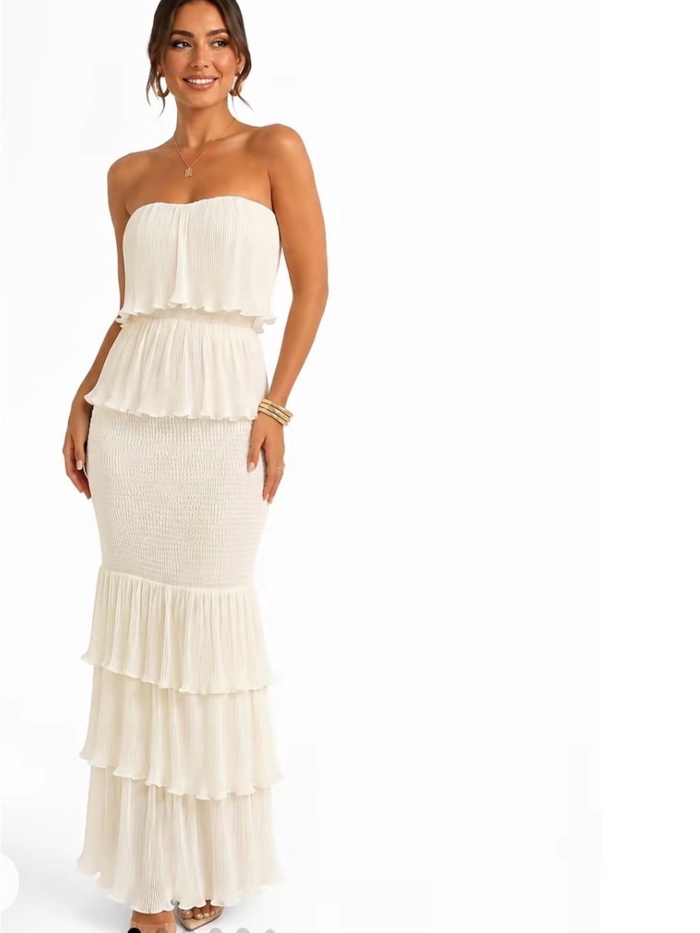 Strapless Cream Tiered Maxi Dress with Smocked Waist - Picture 1 of 3